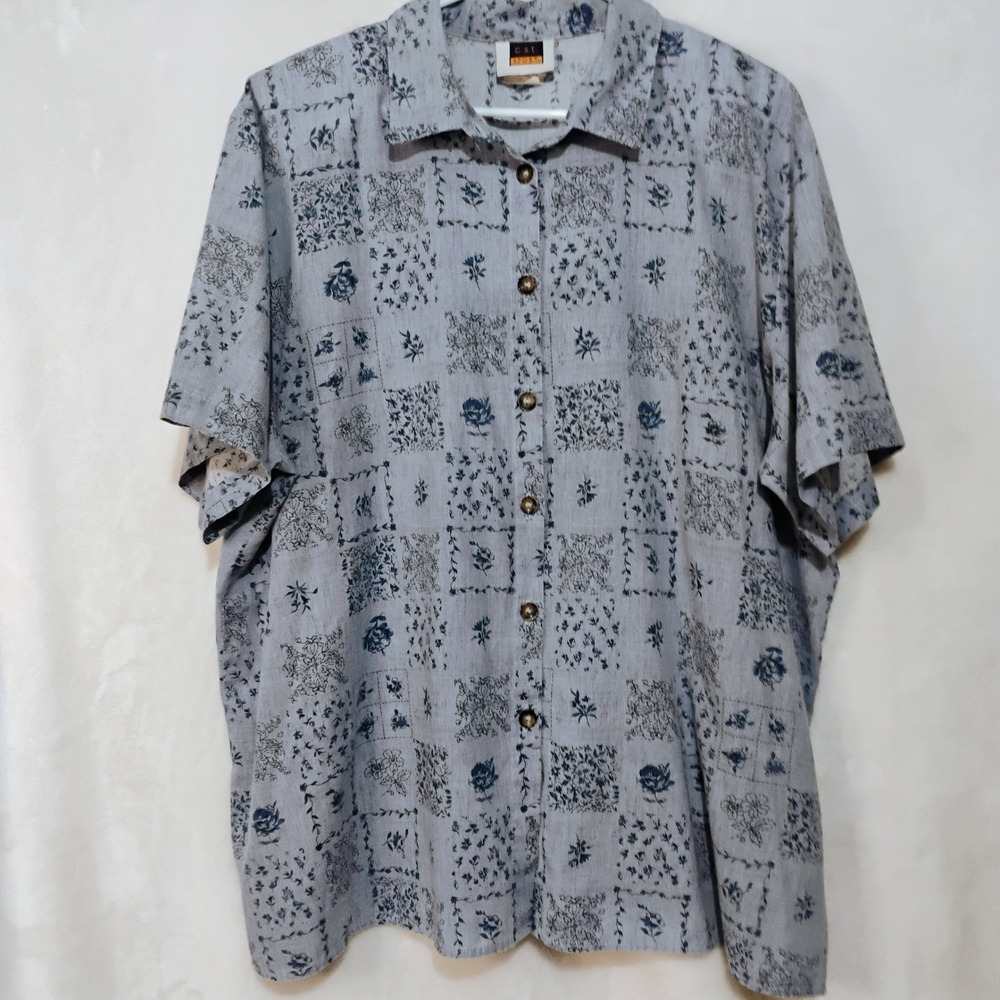 CST Sport Womens Vintage Blue Floral Patchwork Button Up Shirt Size 24